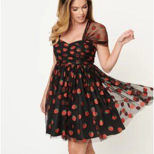 NWT Unique Vintage Black & Glitter Strawberry Print Heart & Soul Babydoll Dress